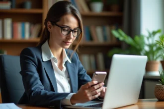 Femme en bureau à domicile scannant des documents importants