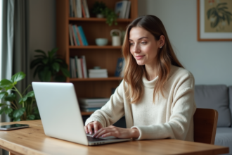 Femme travaillant sur un ordinateur dans un bureau à domicile