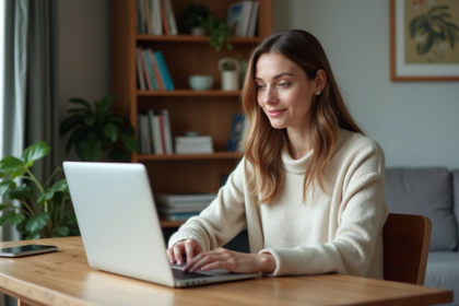 Femme travaillant sur un ordinateur dans un bureau à domicile