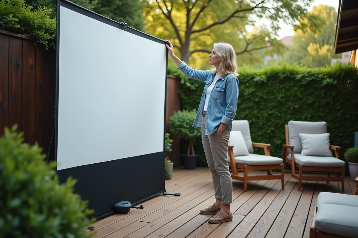 Femme vérifiant un ecran de projection dans son jardin