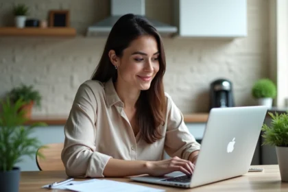 Femme vérifiant son permis de conduire sur un ordinateur moderne