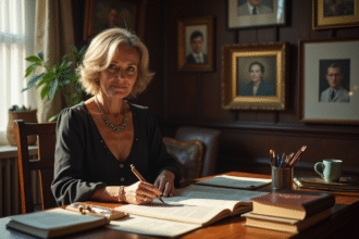 Femme élégante assise à un bureau vintage entourée de documents