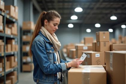Femme examinant un colis dans un entrepôt de livraison