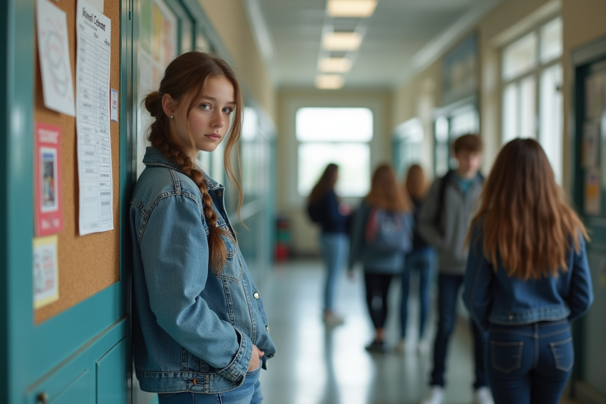 Fille de 16 ans lisant ses notes dans un couloir de lycée