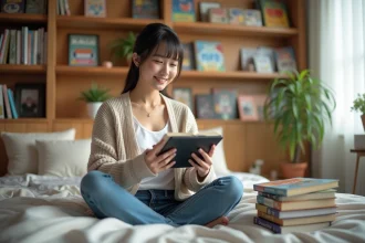 Jeune femme lisant manga yaoi dans un lit cosy