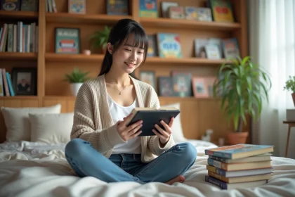 Jeune femme lisant manga yaoi dans un lit cosy