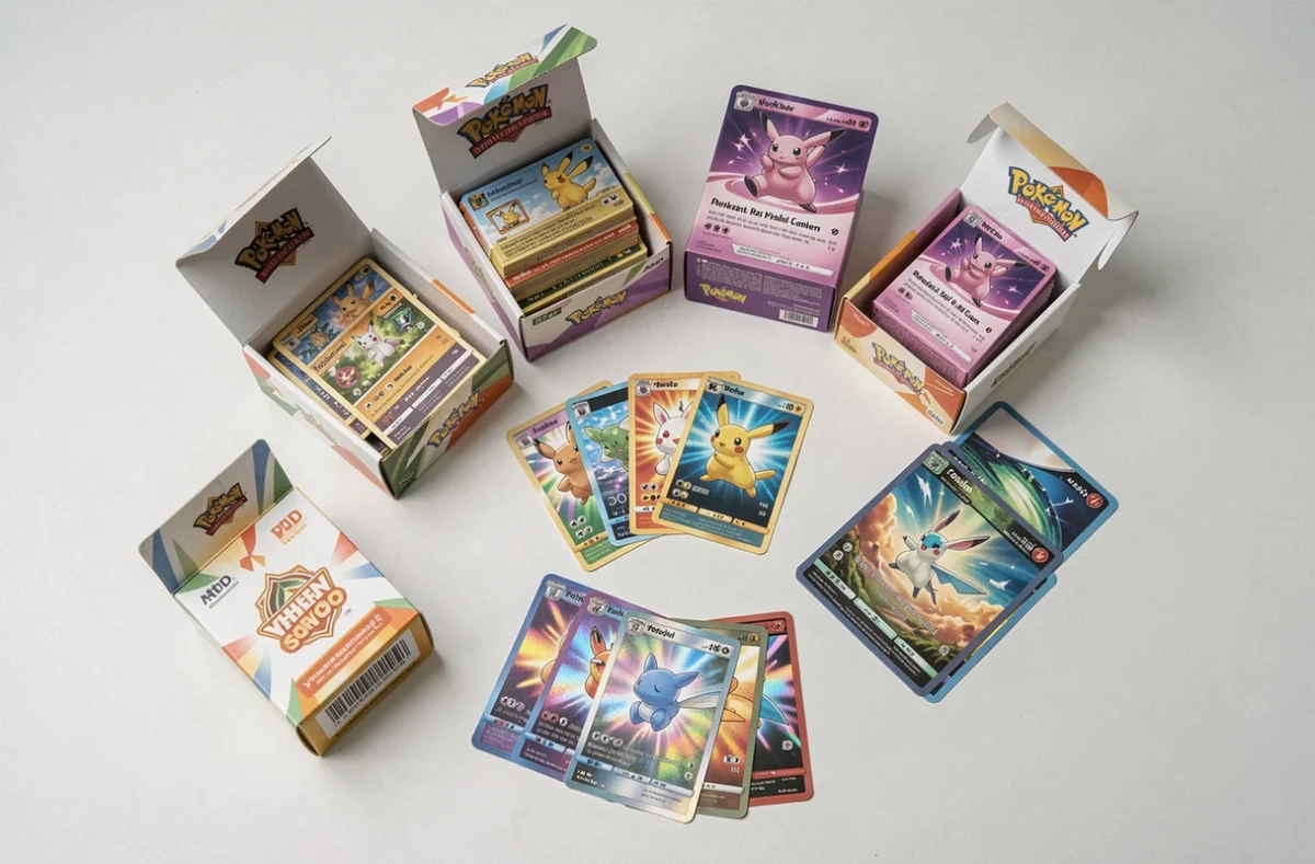 Vue aérienne de displays et boosters Pokémon 2026 disposés en flat lay sur fond blanc avec cartes holographiques étalées