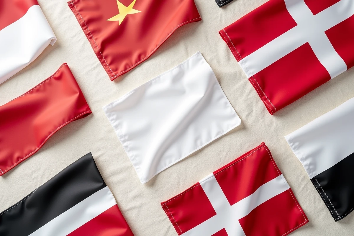 Vue à plat de drapeaux nationaux rouge blanc noir sur fond en lin neutre pour article éditorial