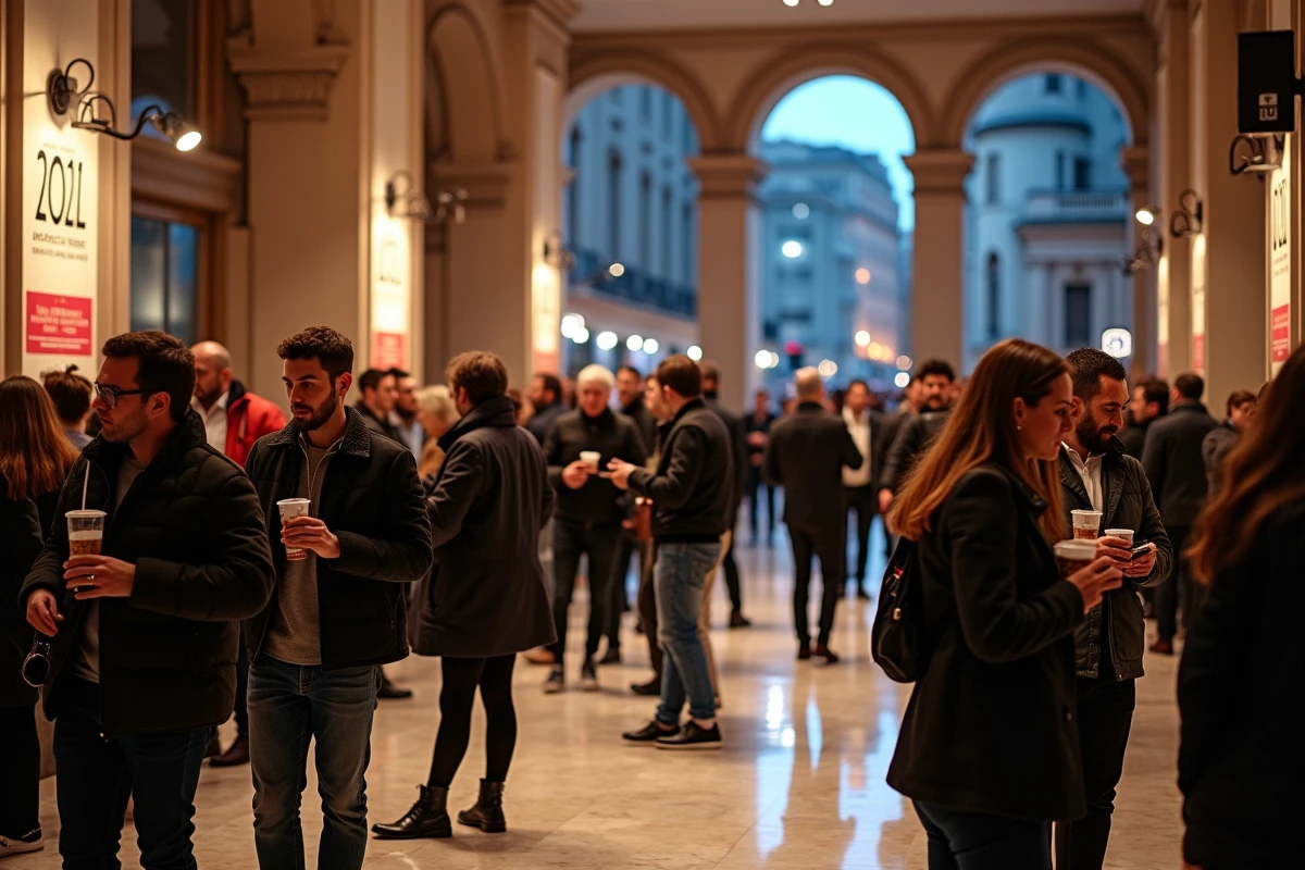 Foyer animé d'une salle de concert lyonnaise lors d'un entracte avec visiteurs et bannières de spectacles 2026