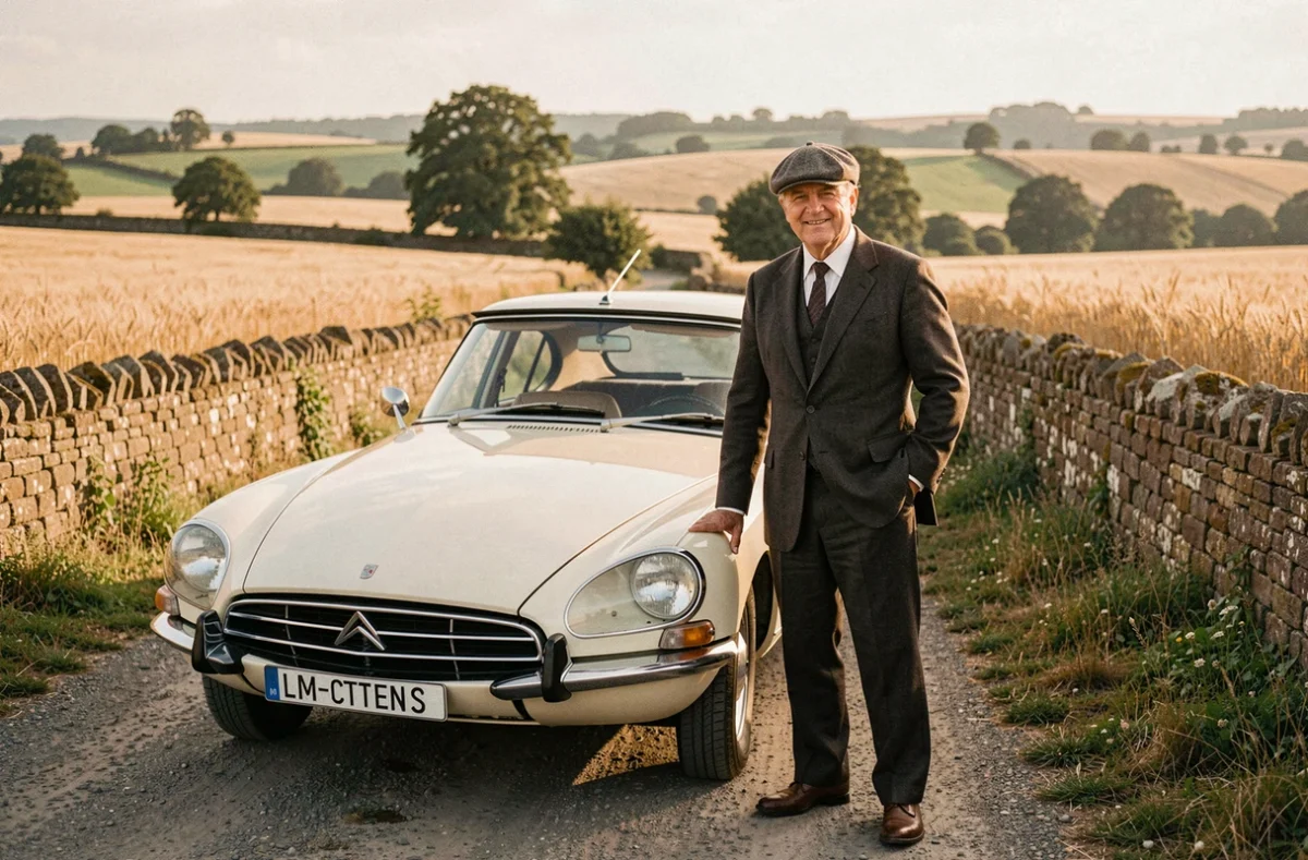 Chauffeur de French Vintage Shuttles en costume vintage et casquette plate aux côtés d'une Citroën DS crème restaurée sur une route de campagne dans les Yvelines