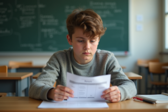 Jeune garçon de 15 ans regardant son bulletin scolaire