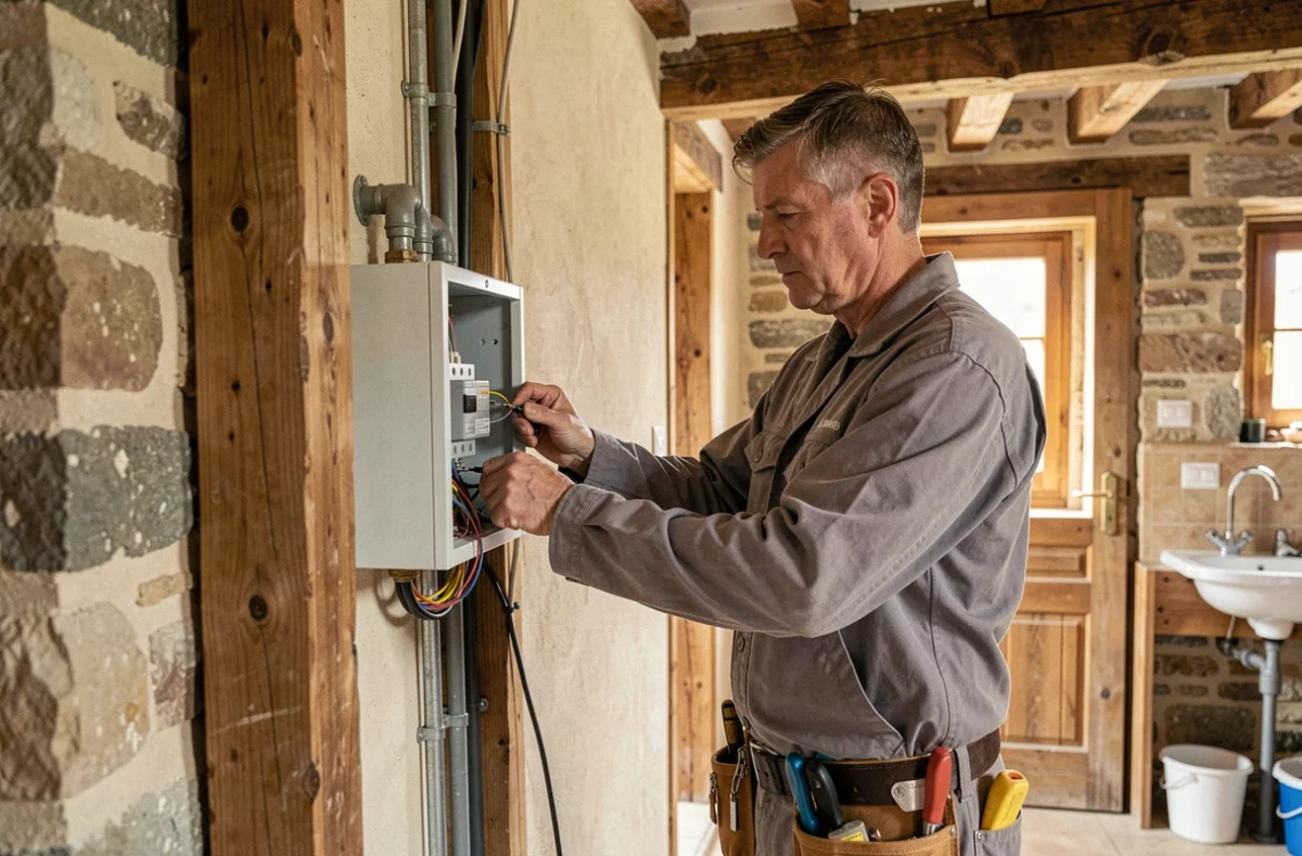 Électricien généraliste de GD Electricité travaillant sur un tableau électrique dans une maison rurale à Coutençon