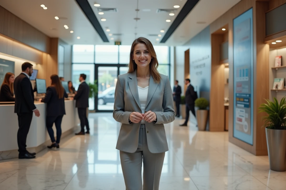 Gerante de banque accueillant un client dans le lobby