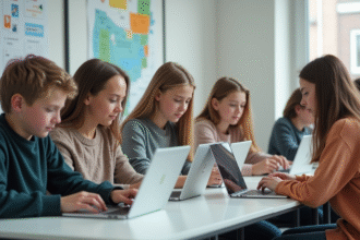 Groupe d'adolescents en classe avec ordinateurs pour l'article