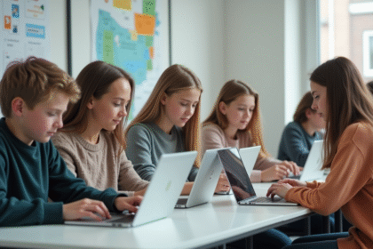 Groupe d'adolescents en classe avec ordinateurs pour l'article