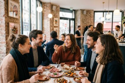 Groupe d'amis dégustant des plats dans un bistro parisien