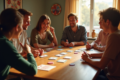 Groupe d'amis jouant à SkipBo autour d'une table ensoleillée