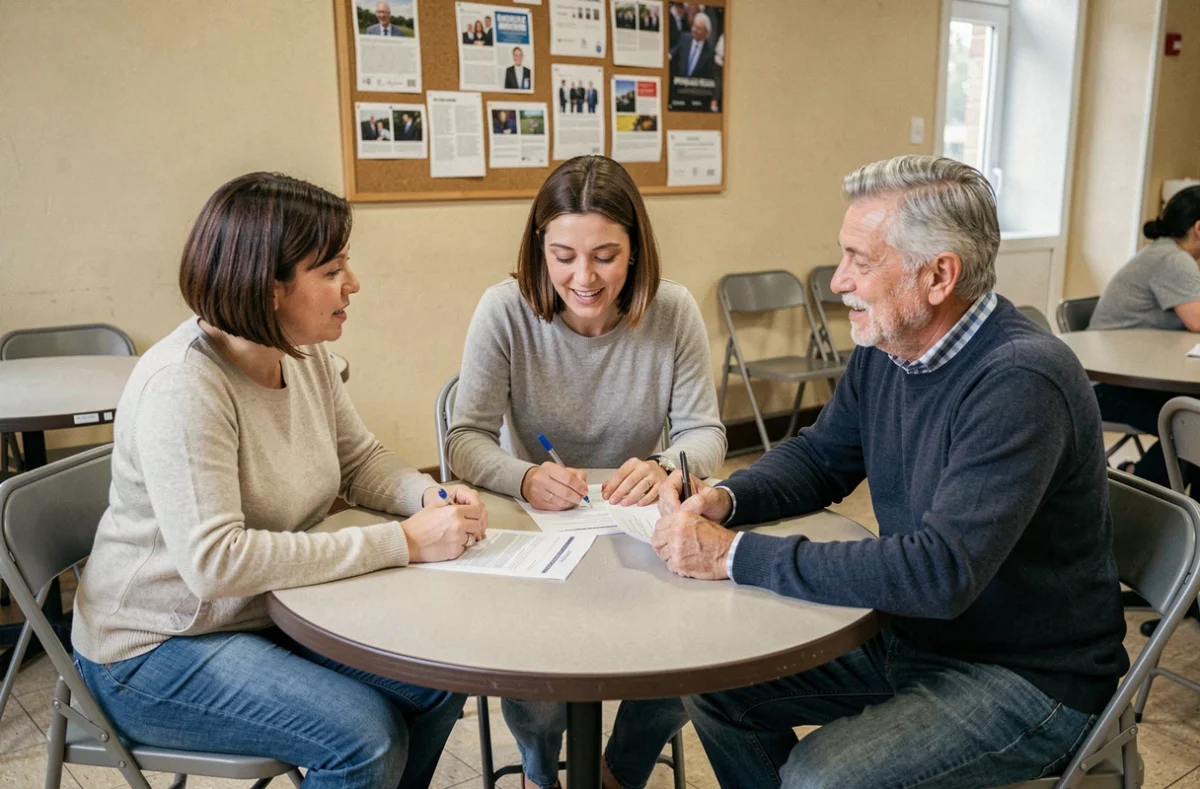 Groupe de citoyens français discutant d'un quiz sur les partis politiques autour d'une table, choix électoral Force Républicaine