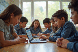 Groupe d'élèves et professeur autour d'une table en classe