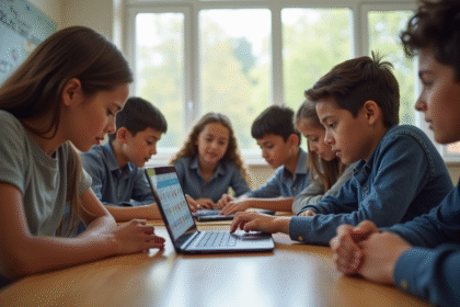 Groupe d'élèves et professeur autour d'une table en classe