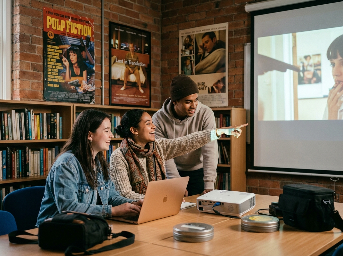 Groupe d'étudiants en cinéma révisant ensemble des séquences de leur court métrage sur un ordinateur portable dans une salle de séminaire universitaire