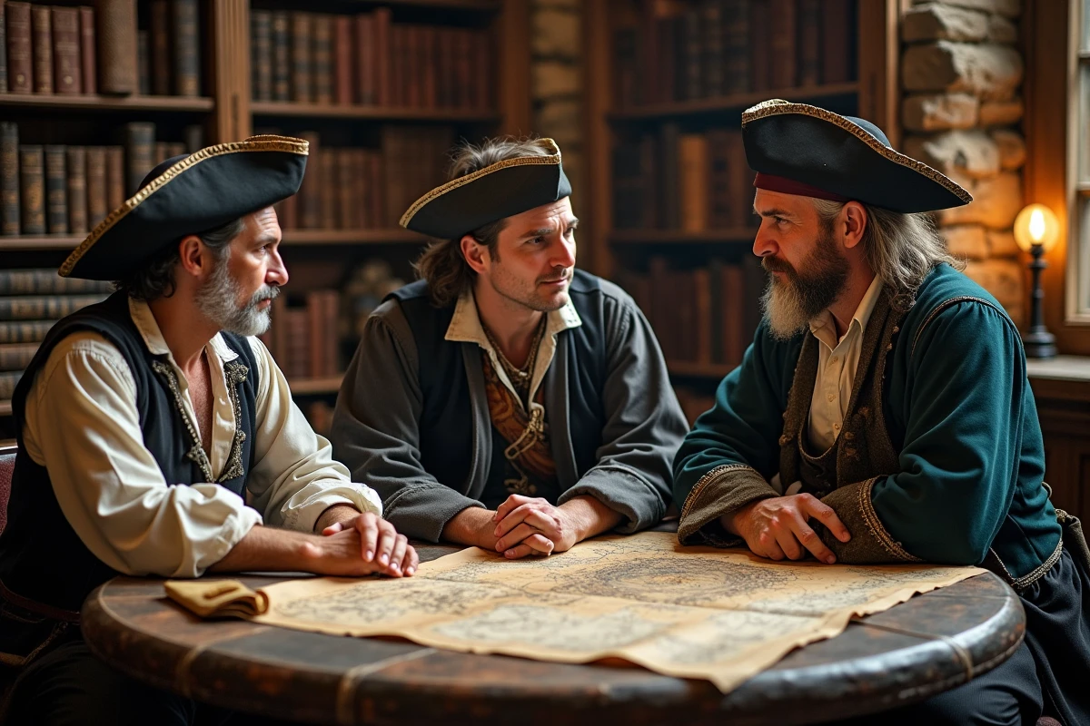 Groupe de pirates dans une ancienne bibliotheque