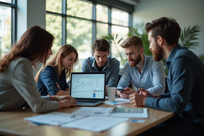 Groupe de jeunes professionnels collaborant autour d'un bureau moderne