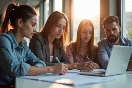 Groupe de jeunes professionnels dans un bureau lumineux discutant