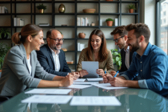 Groupe de professionnels en réunion dans un bureau moderne