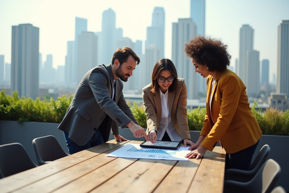 Trois professionnels discutant avec un graphique sur une tablette en extérieur