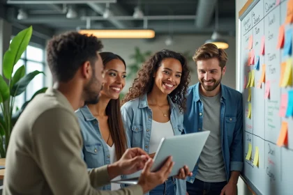 Groupe de jeunes adultes en réunion dans un bureau moderne