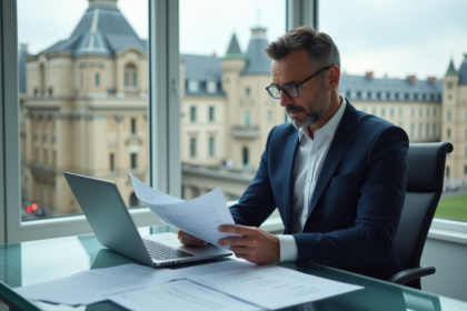 Homme d affaires en costume tenant des documents fiscaux dans un bureau moderne