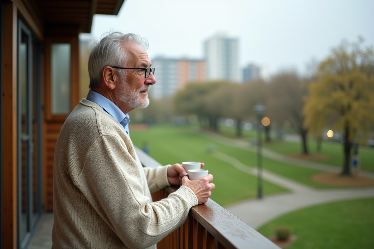 Homme âgé regardant la nature depuis un balcon en bois
