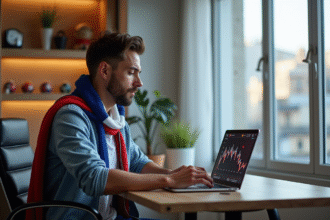 Homme analysant des données football avec drapeau francais