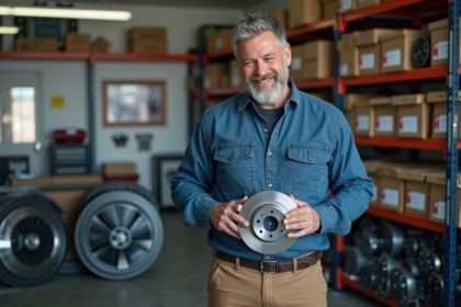 Homme confiant examine un disque de frein de voiture dans un atelier