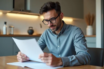 Homme en costume examine des documents d'assurance voiture