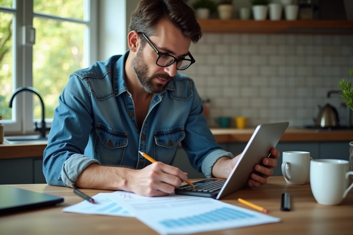 Homme travaillant à la table de cuisine avec un graphique Excel