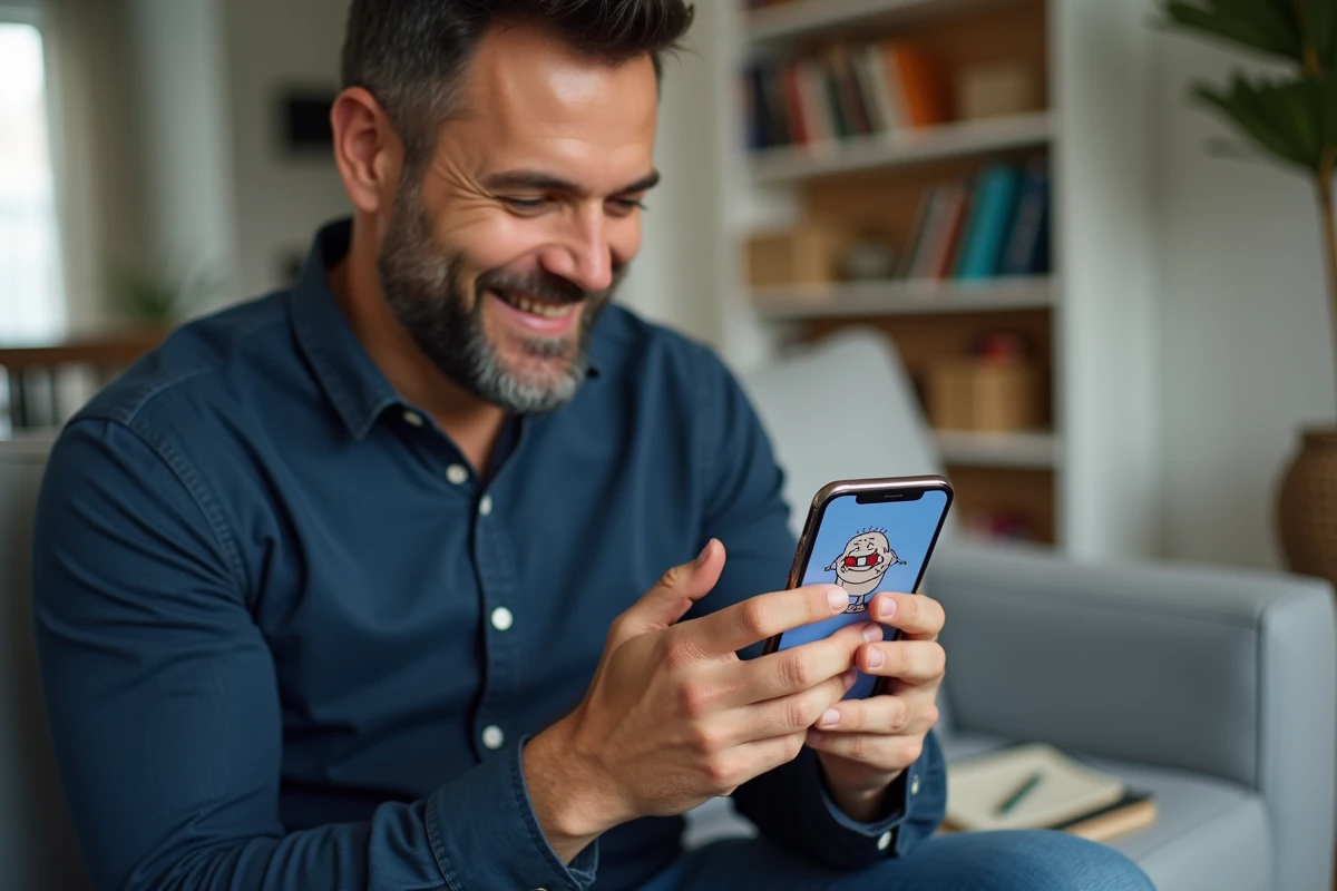 Homme envoyant une cybercarte animée par WhatsApp sur son smartphone dans son salon