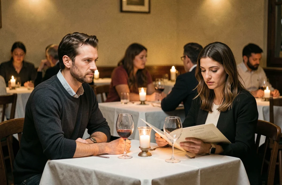 Couple en soirée au restaurant, l'homme dont le regard s'échappe vers une autre femme tandis que sa compagne consulte le menu