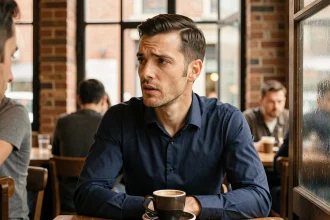 Homme marié dans un café dont le regard se perd vers une femme hors champ, expression pensive et distraite