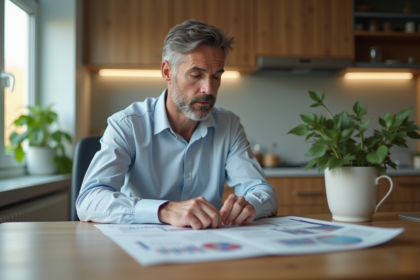 Homme d'âge moyen examinant des documents financiers dans une cuisine moderne