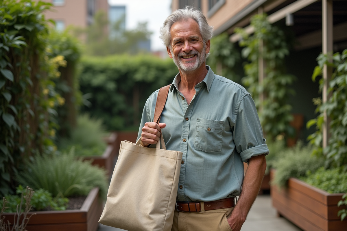 Homme avec sac recyclé dans un jardin urbain écologique