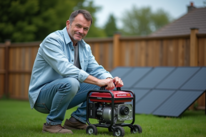 Homme d'âge moyen tourne une manivelle de générateur dans un jardin