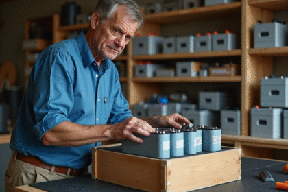 Homme organisant des batteries lithium-ion dans un atelier