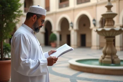 Homme en thobe blanc vérifiant un calendrier de prières devant une fontaine
