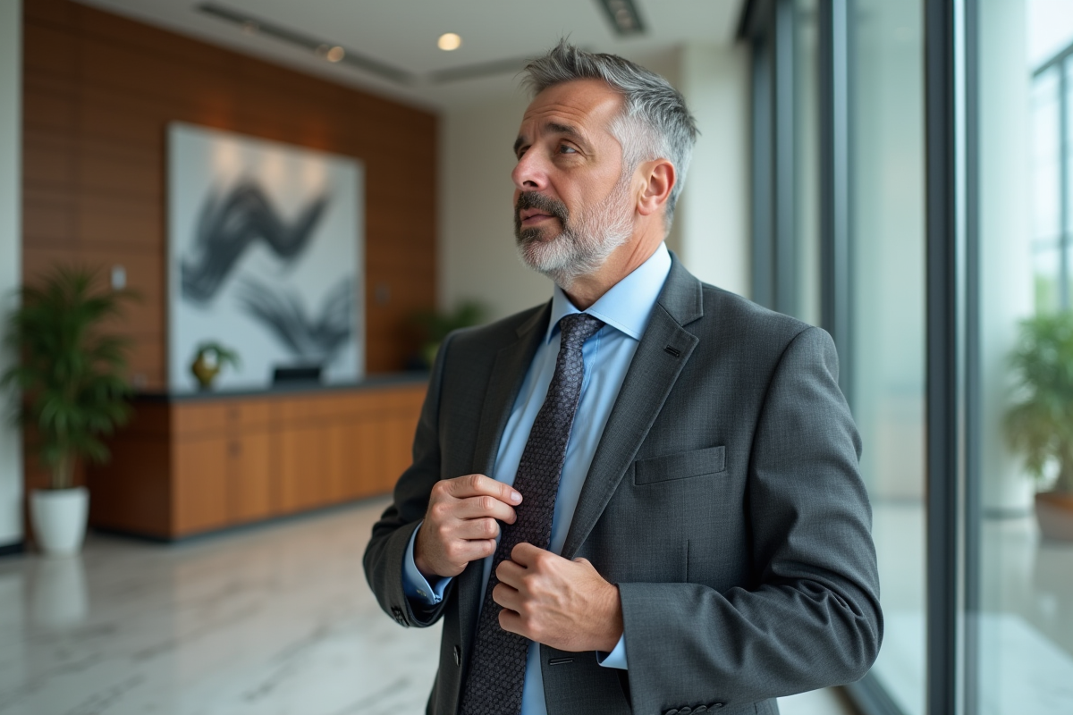 Homme en costume ajustant sa cravate dans un hall lumineux