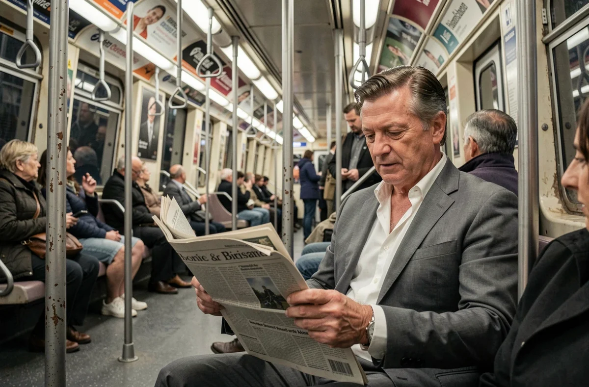Homme en costume gris lisant un journal dans une rame du métro ligne 4 à Paris pendant l'heure de pointe matinale