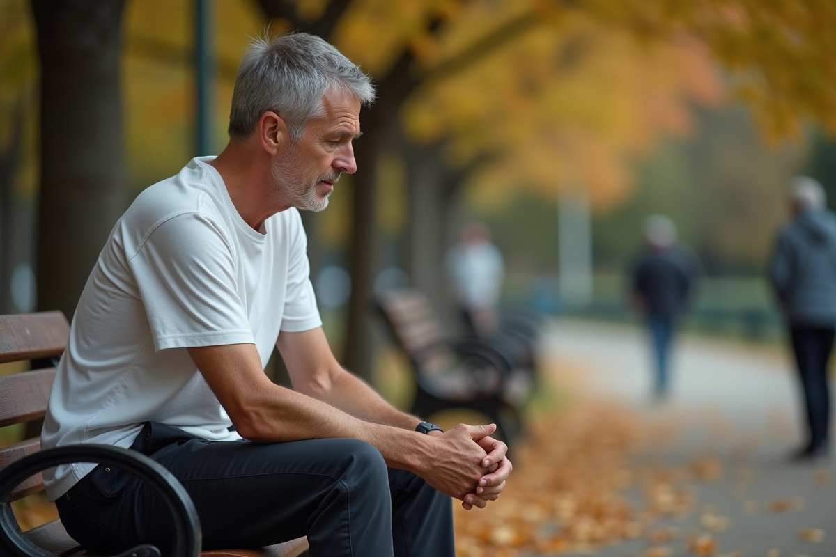 Homme assis sur un banc dans un parc en automne en réflexion