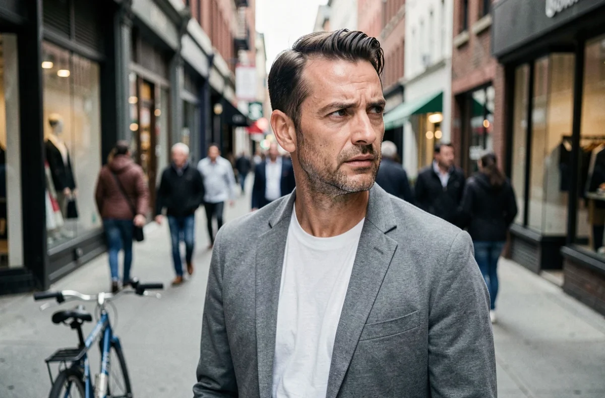 Homme en couple dont le regard suit une passante dans la rue, expression de tension intérieure et d'attirance involontaire