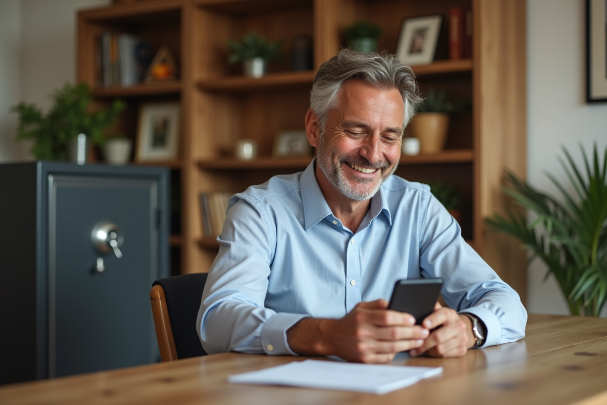 Homme d age moyen consultat une application financière à la maison